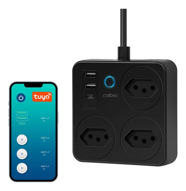Extensão inteligente Wi-Fi, 3 tomadas, 2 USB e 1 PD, preta