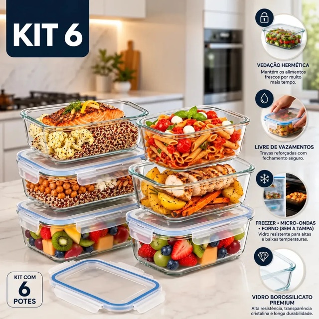 Kit 6 potes de vidro herméticos retangulares, 640 mL, para marmita, freezer e organização